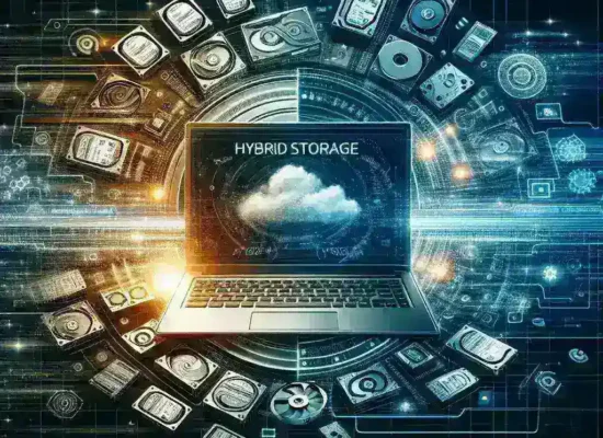 "Lenovo laptop showcasing hybrid storage technology, featuring a sleek design and enhanced performance, illustrating innovation in portable computing for the future."