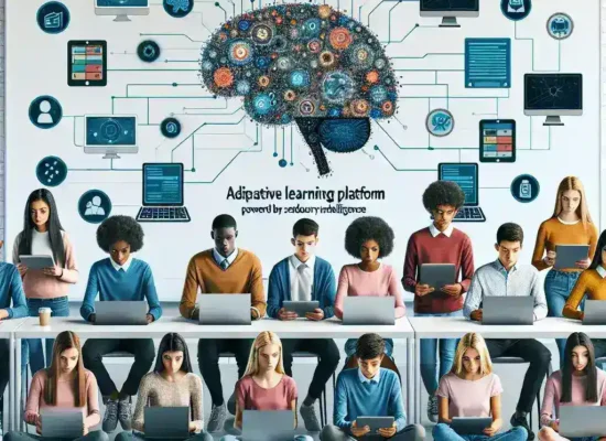 "Estudiante utilizando plataforma de aprendizaje adaptativo con inteligencia artificial en una clase de educación secundaria, ilustrando el uso de tecnología avanzada en el aprendizaje personalizado."