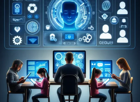 "Padre utilizando tecnología para monitorear y controlar el tiempo de pantalla de sus hijos en casa, ilustrando estrategias y herramientas de gestión digital."