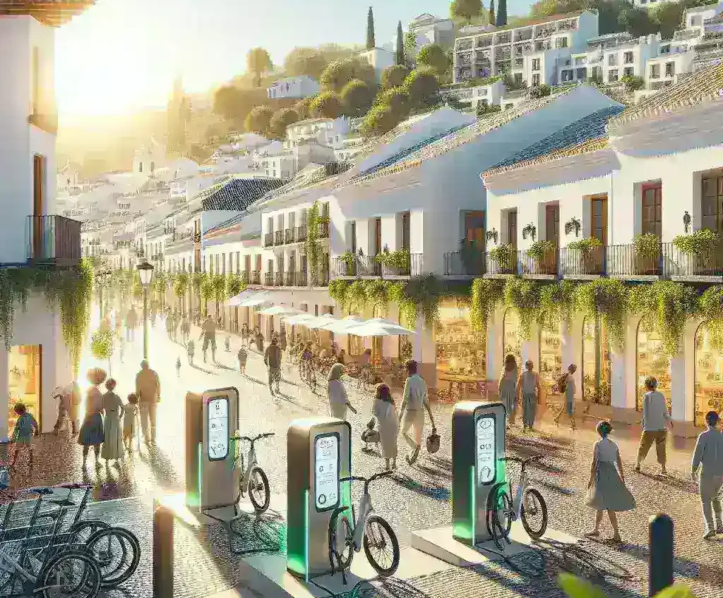 "Estación de recarga solar para bicicletas eléctricas en una ciudad española, destacando la sostenibilidad y la infraestructura verde urbana."