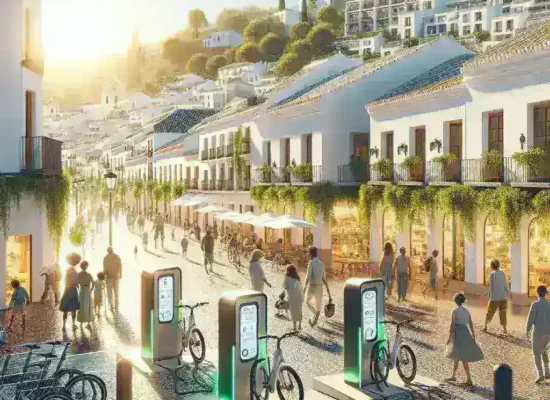 "Estación de recarga solar para bicicletas eléctricas en una ciudad española, destacando la sostenibilidad y la infraestructura verde urbana."