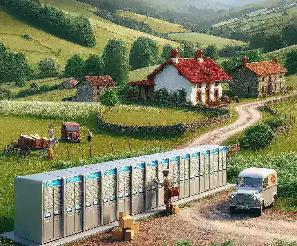 "Correos launches smart lockers in rural areas to enhance accessibility, showcasing a modern locker installation in a picturesque village setting."