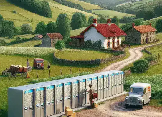 "Correos launches smart lockers in rural areas to enhance accessibility, showcasing a modern locker installation in a picturesque village setting."
