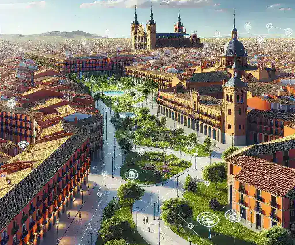 "Iconos de sensores IoT instalados en una ciudad española para el control de polen, ilustrando la innovación tecnológica en la gestión ambiental."