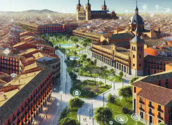 "Iconos de sensores IoT instalados en una ciudad española para el control de polen, ilustrando la innovación tecnológica en la gestión ambiental."